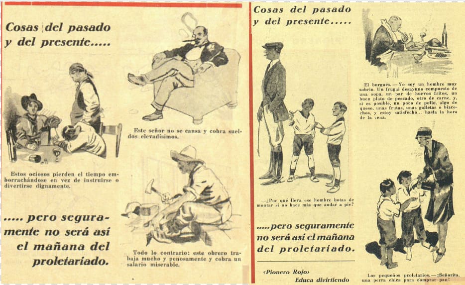 Caricaturas de Pionero Rojo que contrastan el lujo de la burguesía frente al trabajo arduo y miserable de los obreros.