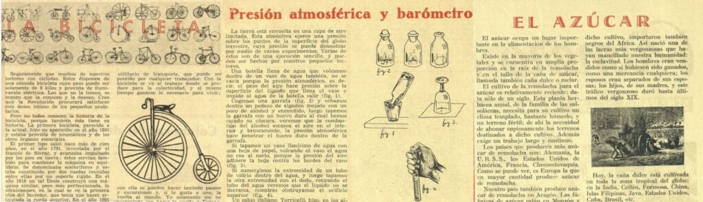 Página de Pionero Rojo con artículos sobre historia de la bicicleta, presión atmosférica y el cultivo del azúcar.