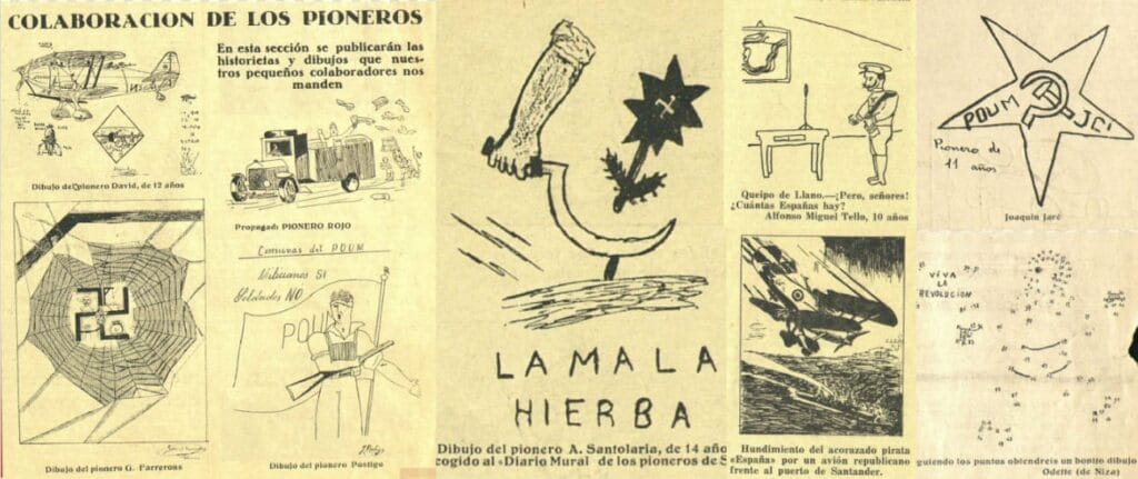 Dibujos realizados por lectores de Pionero Rojo que ilustran la lucha contra el fascismo y la guerra con temas revolucionarios.