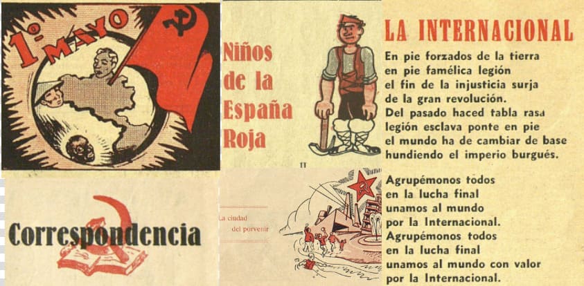 Secciones de Pionero Rojo con la letra del himno La Internacional e ilustraciones sobre el Primero de Mayo y lucha obrera.