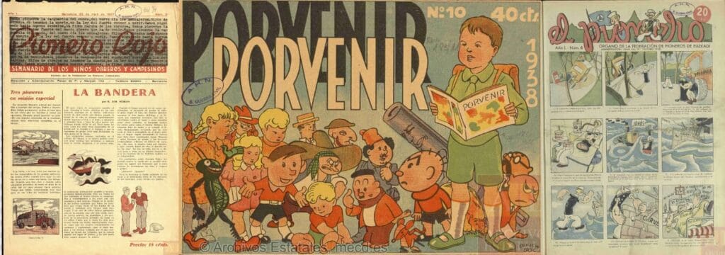 Composición de tres portadas de las publicaciones infantiles de la España republicana: Pionero Rojo, Porvenir y El Pionero.
