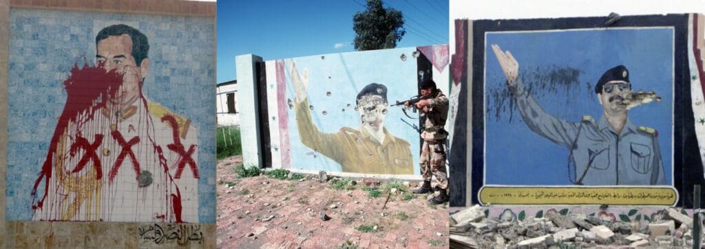 Tríptico de retratos murales de Sadam Husein vandalizados con pintura roja, disparos y destruidos por soldados en la guerra de Irak.