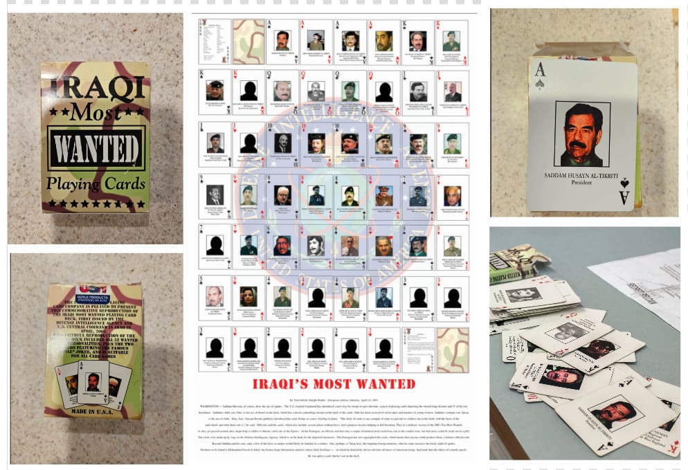 Baraja de cartas Iraqi Most Wanted de la baraja militar de Estados Unidos con los rostros de Sadam Husein y oficiales más buscados.