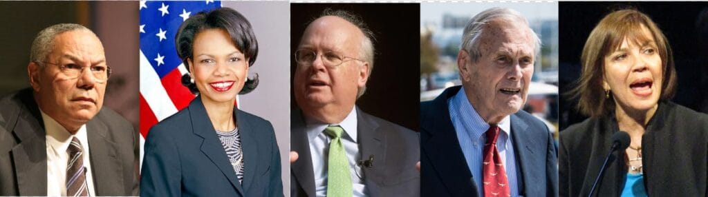 Retratos de Colin Powell, Condoleezza Rice, Karl Rove, Donald Rumsfeld y Judith Miller, figuras clave de la propaganda en Irak.