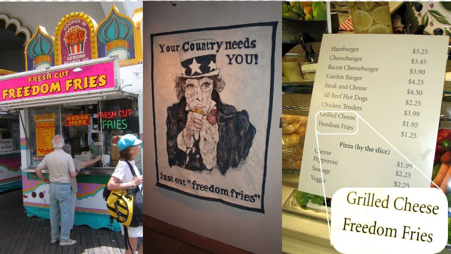 Carteles e infografías en restaurantes de Estados Unidos sustituyendo el término French Fries por Freedom Fries durante la guerra de Irak.