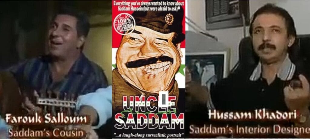 Portada de documental con caricatura grotesca de Sadam Husein fumando un puro junto a testimonios de su primo e interiorista.