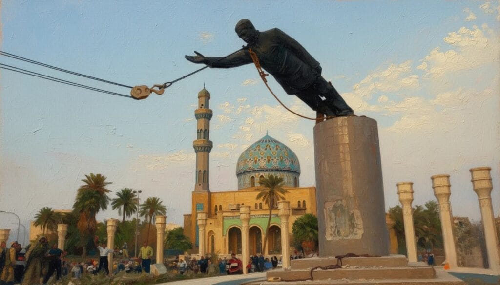 Pintura al óleo que recrea el derribo de la estatua de Sadam Husein mediante grúas en la plaza Firdos de Bagdad con mezquita detrás.