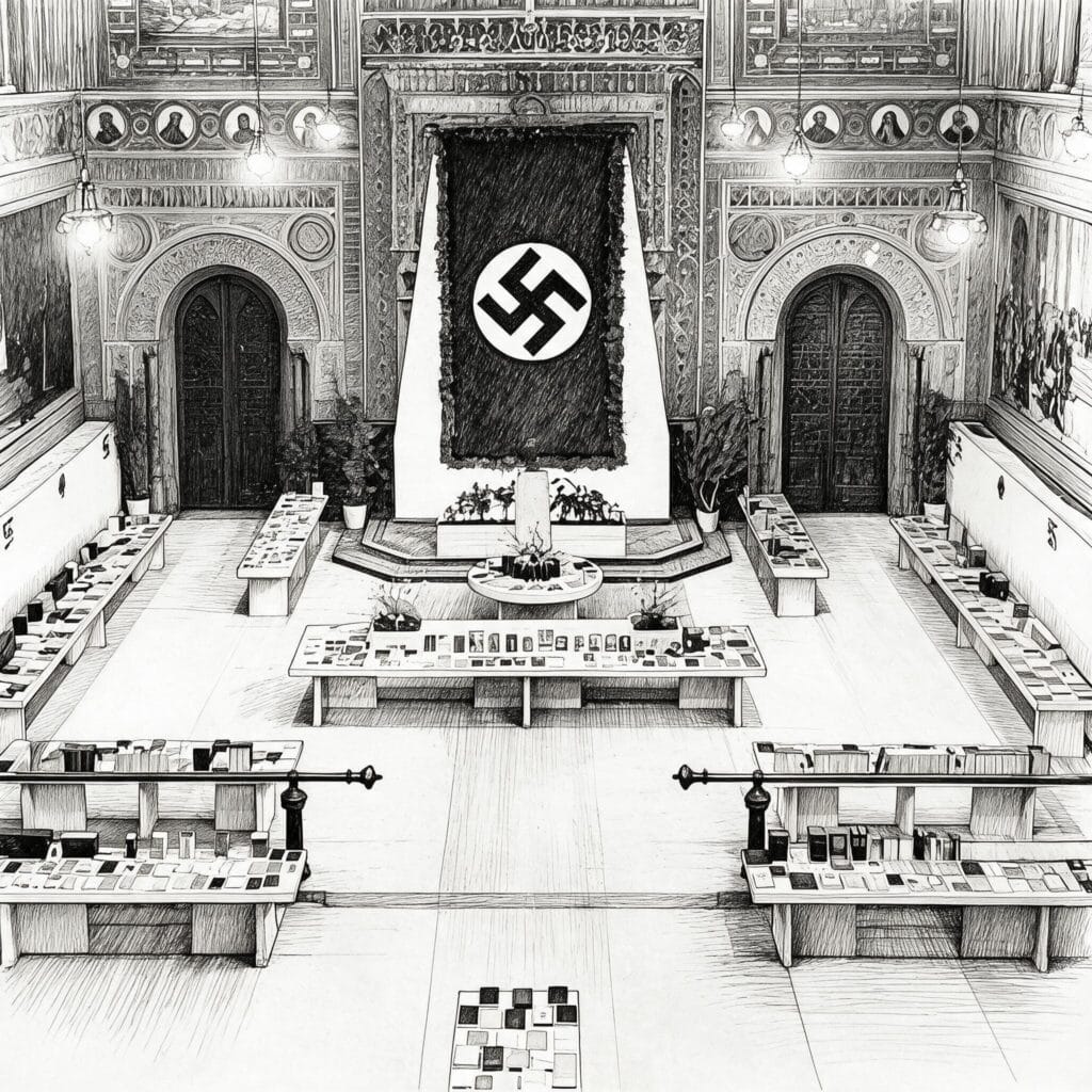 Gran salon con mesas llenas de libros y un enorme altar al fondo con una bandera esvastica nazi.