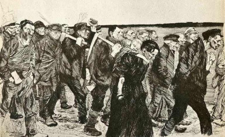 Grabado expresionista en blanco y negro de multitud de obreros marchando con herramientas, referente a La Internacional obrera.