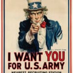 Cartel del Tío Sam señalando al frente con el lema I Want YOU for U.S. Army sobre borde rojo, blanco y azul.