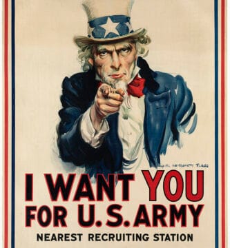 Cartel del Tío Sam señalando al frente con el lema I Want YOU for U.S. Army sobre borde rojo, blanco y azul.