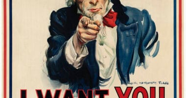 Cartel del Tío Sam señalando al frente con el lema I Want YOU for U.S. Army sobre borde rojo, blanco y azul.