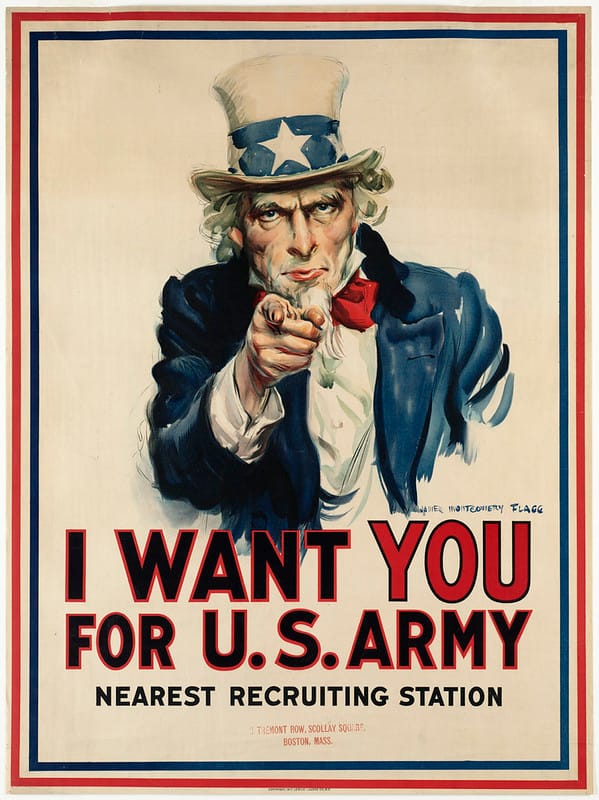 Cartel del Tío Sam señalando al frente con el lema I Want YOU for U.S. Army sobre borde rojo, blanco y azul.