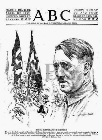 Portada del diario ABC del 20 de abril de 1939 con el retrato de Hitler y banderas con esvasticas