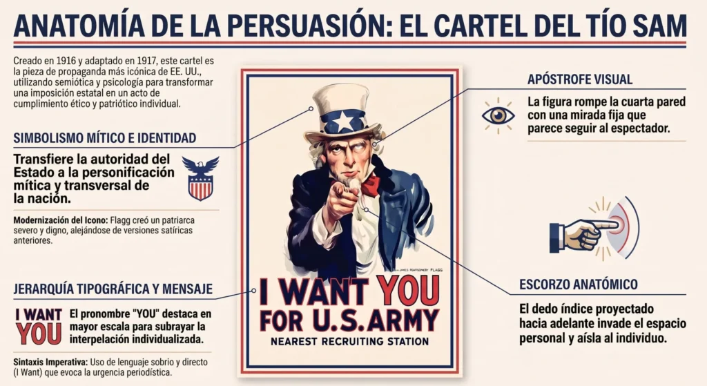 Infografía en español desglosando la semiótica y psicología del cartel de propaganda del Tío Sam 'I Want YOU for U.S. Army'.