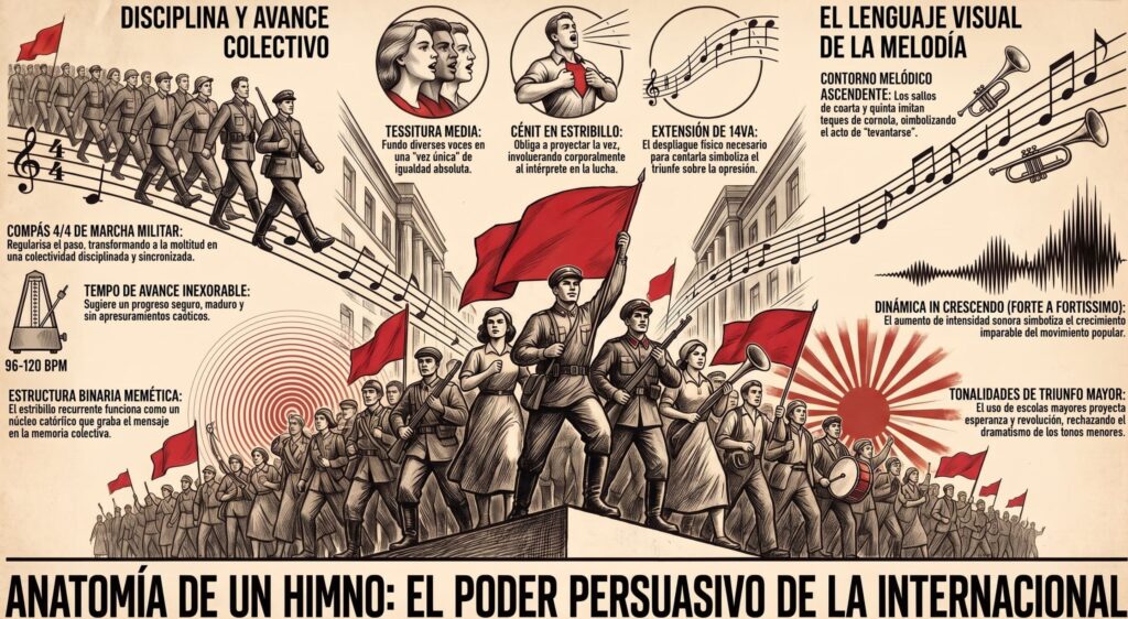 Infografía sobre la estructura persuasiva de La Internacional con partitura, banderas rojas y manifestantes en desfile.