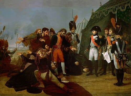 Pintura histórica de propaganda napoleónica mostrando la rendición de Madrid ante un Napoleón sobrio y victorioso.
