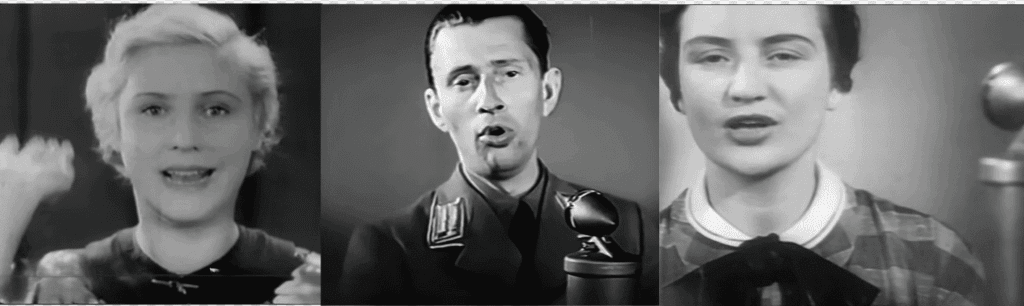 Tres primeros planos en blanco y negro de Eugen Hadamovsky y dos locutoras hablando frente a cámaras de Fernsehsender Paul Nipkow.