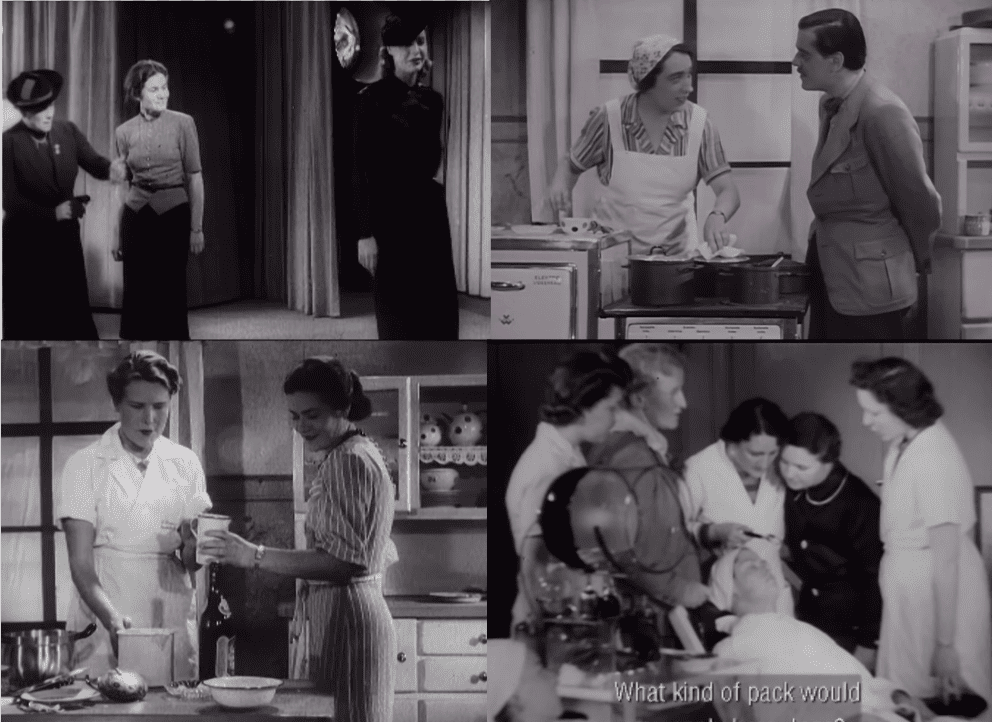 Cuatro fotogramas en blanco y negro con actores en escenarios domésticos y de cocina del Fernsehsender Paul Nipkow.