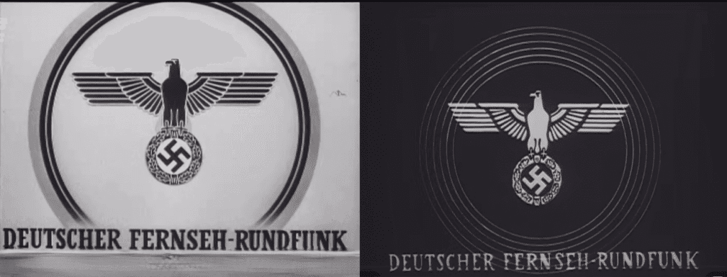 Dos versiones, clara y oscura, del logo del canal con el águila sobre la esvástica y el texto Deutscher Fernseh-Rundfunk.