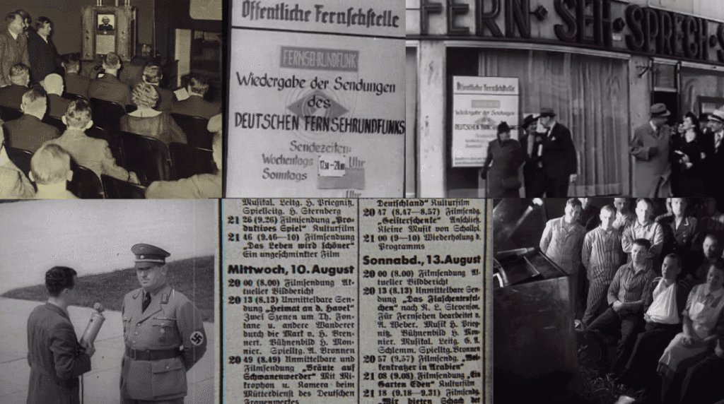 Seis fotogramas con salas de visión colectiva, folletos de horarios y soldados viendo la televisión en grupo.
