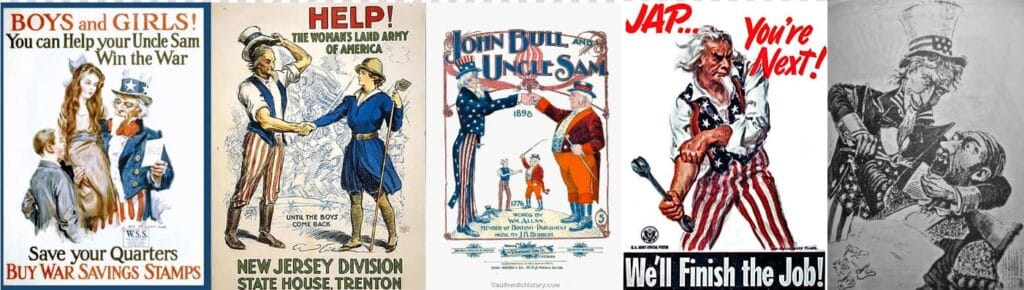 Cinco imágenes históricas relacionadas con el Tío Sam, incluyendo bonos de guerra, Woman's Land Army, y propaganda anti-japonesa.