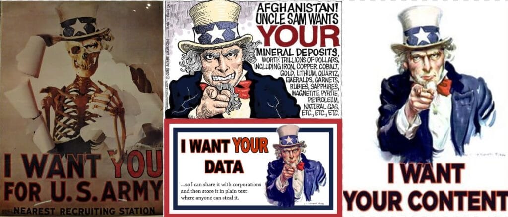Cuatro variaciones críticas del «I Want YOU»: esqueleto de guerra, avaricia de recursos en Afganistán, robo de datos y control de contenido.