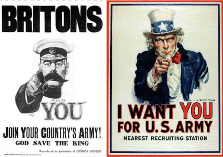 Cartel británico original de Lord Kitchener 'BRITONS Wants YOU' junto al cartel estadounidense de Flagg 'I WANT YOU for U.S. ARMY'.