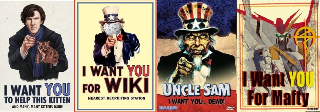 Cuatro parodias de cultura pop del cartel  "I Want YOU": Sherlock Holmes, Wikipedia,, una peli de terror  y Gundam Mafty.