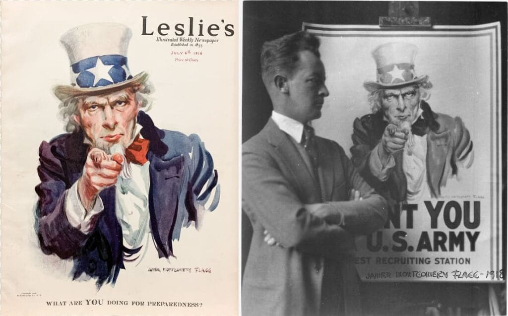 Portada de 1916 de la revista Leslie's con el Tío Sam original y fotografía de Flagg posando junto a su  cartel  I Want YOU.