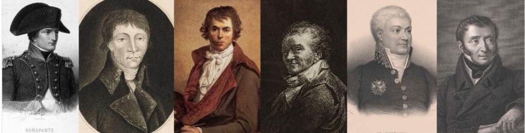 Collage de seis retratos con algunos de los principales responsables de la propaganda napoleónica
