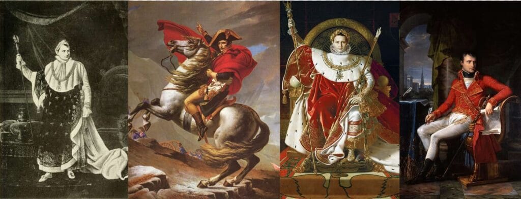 Cuatro pinturas famosas de Napoleón incluyendo el cruce de los Alpes por David y su retrato en el trono por Ingres.