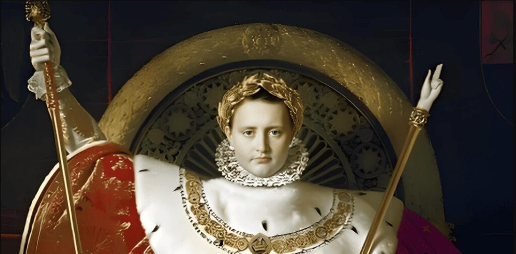 Recreación digital modificada del retrato imperial de Napoleón sentado en su trono dorado con vestiduras de gala.