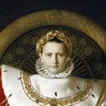Recreación digital modificada del retrato imperial de Napoleón sentado en su trono dorado con vestiduras de gala.