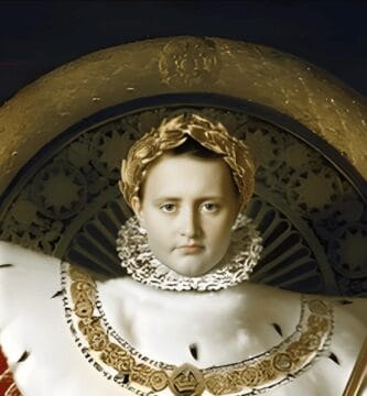 Recreación digital modificada del retrato imperial de Napoleón sentado en su trono dorado con vestiduras de gala.