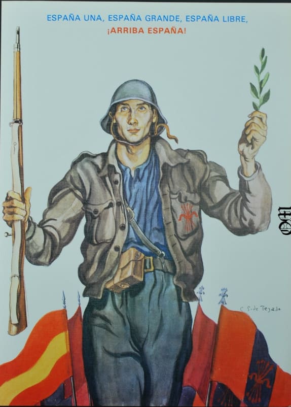 Cartel de propaganda con un combatiente de Falange sosteniendo un fusil y una rama de olivo sobre el lema Cara al sol y Arriba España.