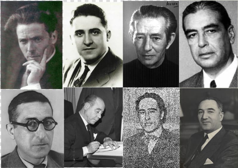 Mosaico fotográfico en blanco y negro con los rostros de ocho intelectuales y compositores del himno Cara al Sol de Falange.