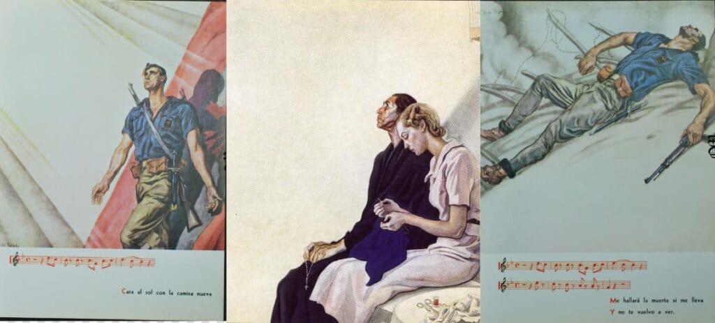 Tríptico de ilustraciones de propaganda franquista que representan estrofas del himno Cara al Sol con notas musicales al pie.