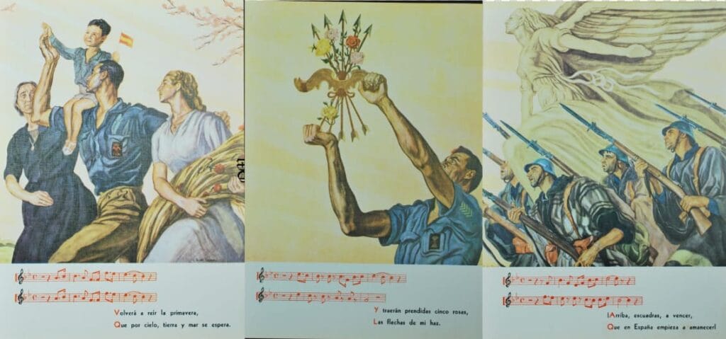 Tríptico con dibujos de propaganda que ilustran el Cara al Sol con escenas de victoria, rosas entre flechas y escuadras en marcha.