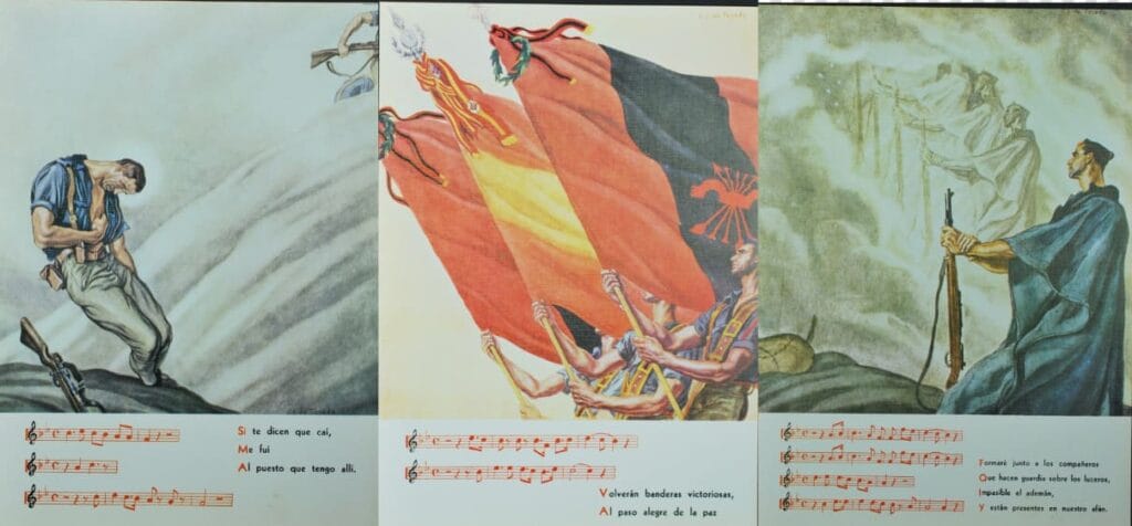 Tríptico propagandístico que ilustra la caída en combate, la victoria de banderas y la guardia sobre los luceros del Cara al Sol.