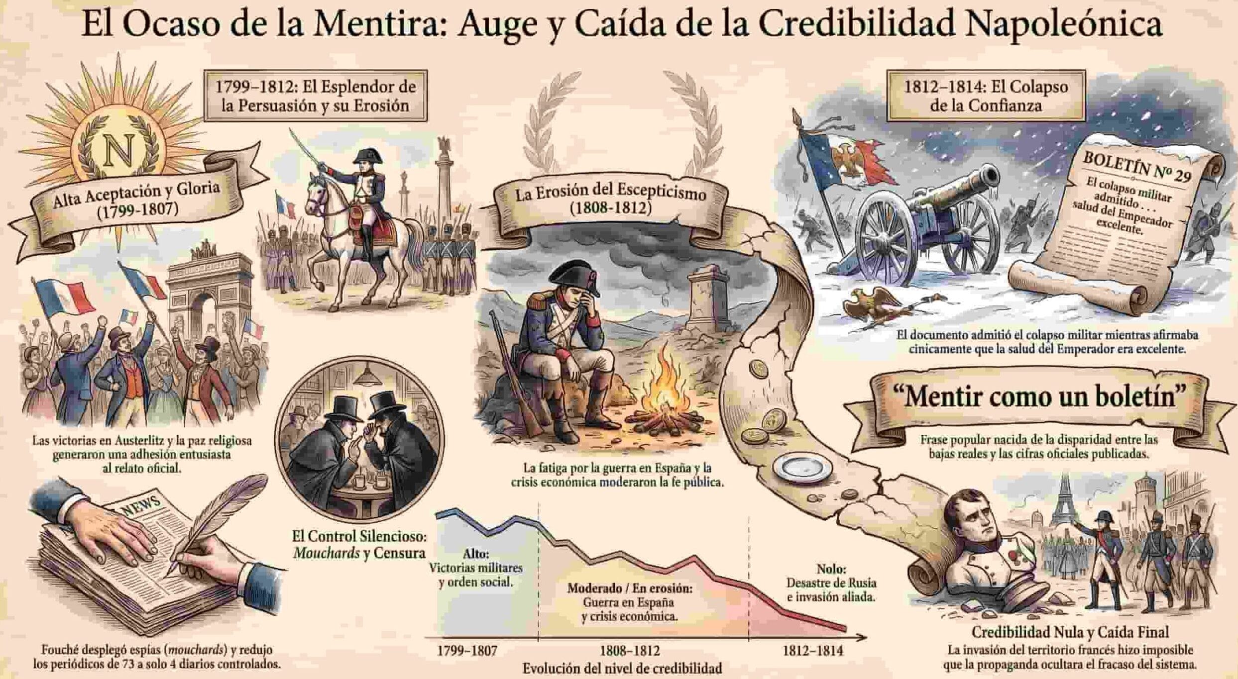 Infografía sobre propaganda napoleónica mostrando su evolución, censura, desgaste en España y colapso tras la campaña de Rusia.