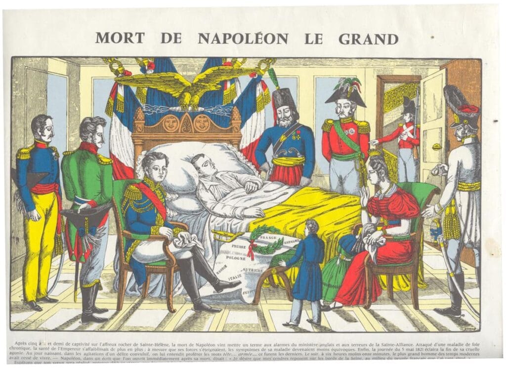 Ilustración popular en color sobre la muerte de Napoleón en Santa Elena rodeado de generales y alegorías.