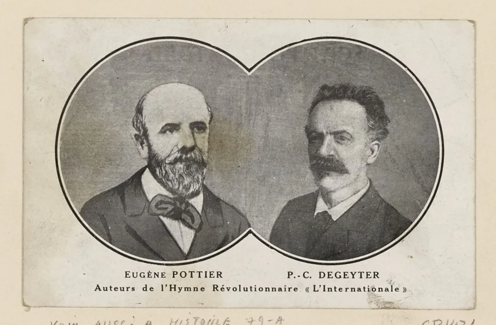 Retrato ovalado en blanco y negro de Eugène Pottier y Pierre Degeyter, creadores del himno revolucionario La Internacional.