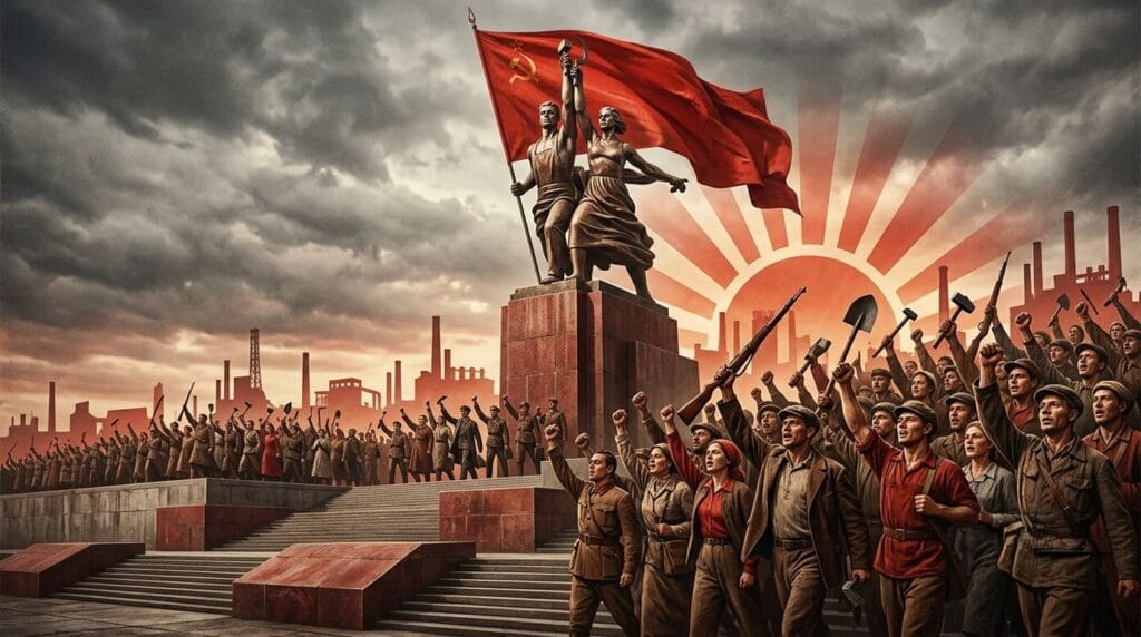Ilustración estilo realismo soviético con estatua de obrero y campesina, multitud enfurecida y bandera roja de La Internacional.