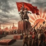 Ilustración estilo realismo soviético con estatua de obrero y campesina, multitud enfurecida y bandera roja de La Internacional.