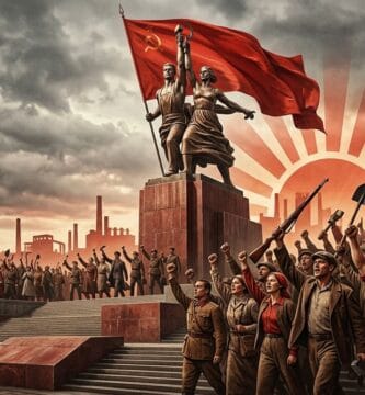 Ilustración estilo realismo soviético con estatua de obrero y campesina, multitud enfurecida y bandera roja de La Internacional.