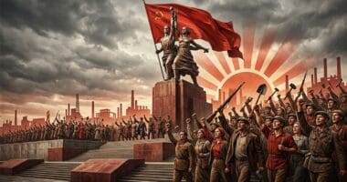 Ilustración estilo realismo soviético con estatua de obrero y campesina, multitud enfurecida y bandera roja de La Internacional.