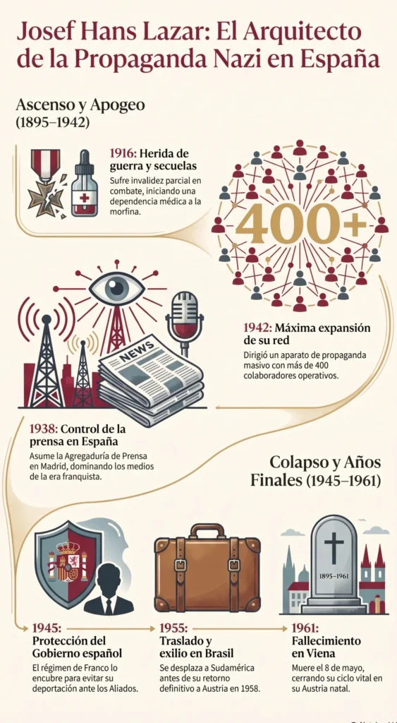 Infografia sobre Josef Hans Lazar, el arquitecto de la propaganda nazi en Espana y su red.