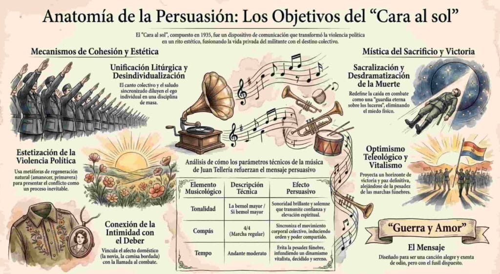 Infografía sobre la anatomía de la persuasión del himno Cara al Sol con análisis musicológico y mecanismos de cohesión.