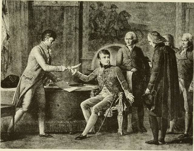 Grabado histórico de Napoleón como Primer Cónsul firmando documentos rodeado de diplomáticos franceses.